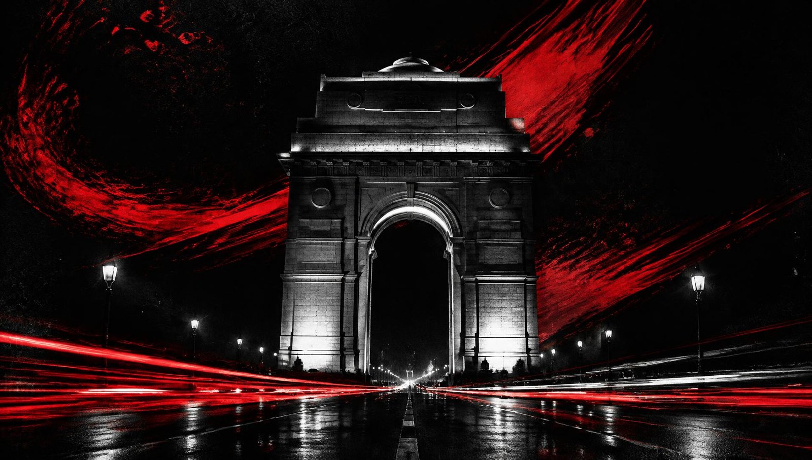 Abstract monochrome New Delhi architecture with red light strokes