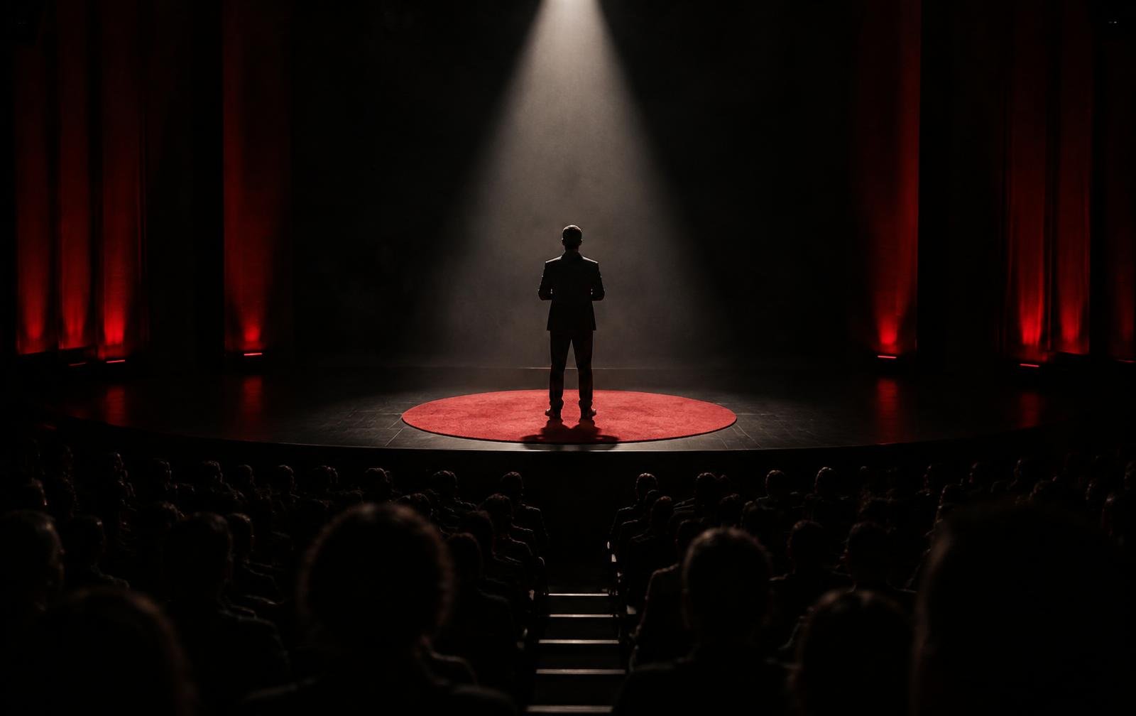 A speaker standing alone in a spotlight on a red circular stage